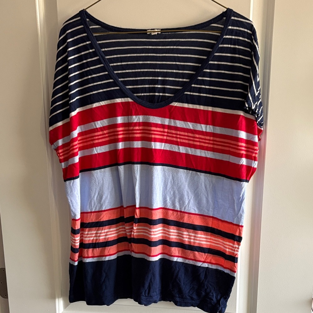 J. Crew Navy and Red Striped Short Sleeve Top